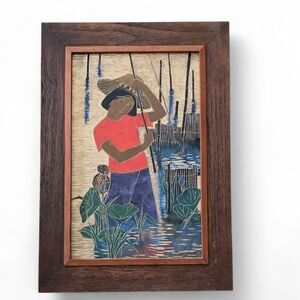 Mid-Century Asian Modern Framed Enamel Painting by Penchum Bamboo & Lotus River